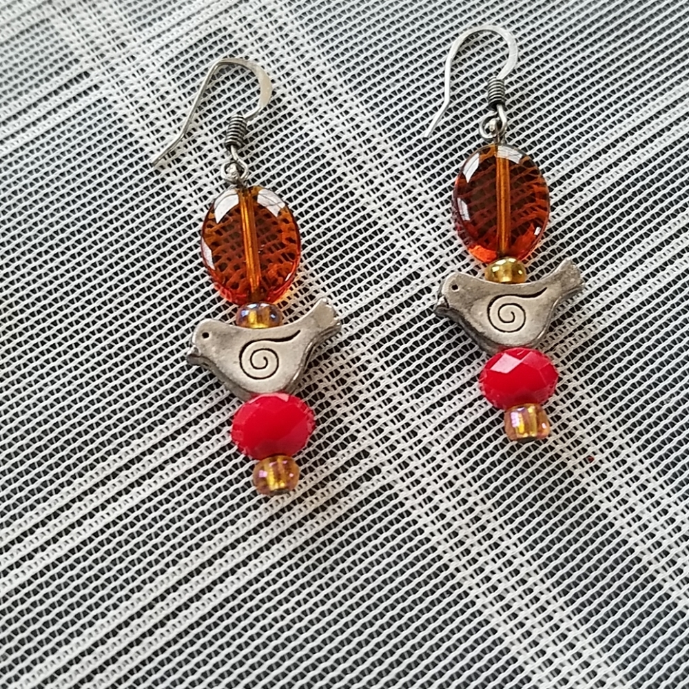 Silver Bird and Beads Earrings